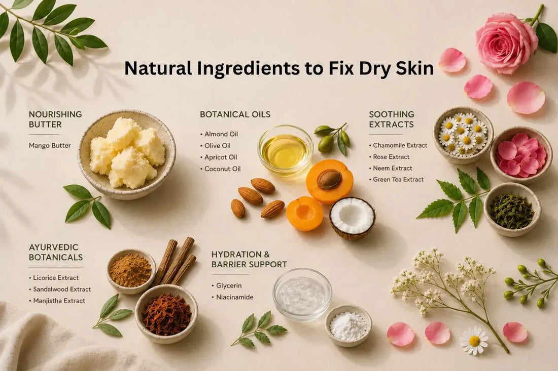 Natural ingredients for dry skin including mango butter, almond oil, chamomile flowers, rose petals, green tea, olive oil, and coconut arranged on a light background.