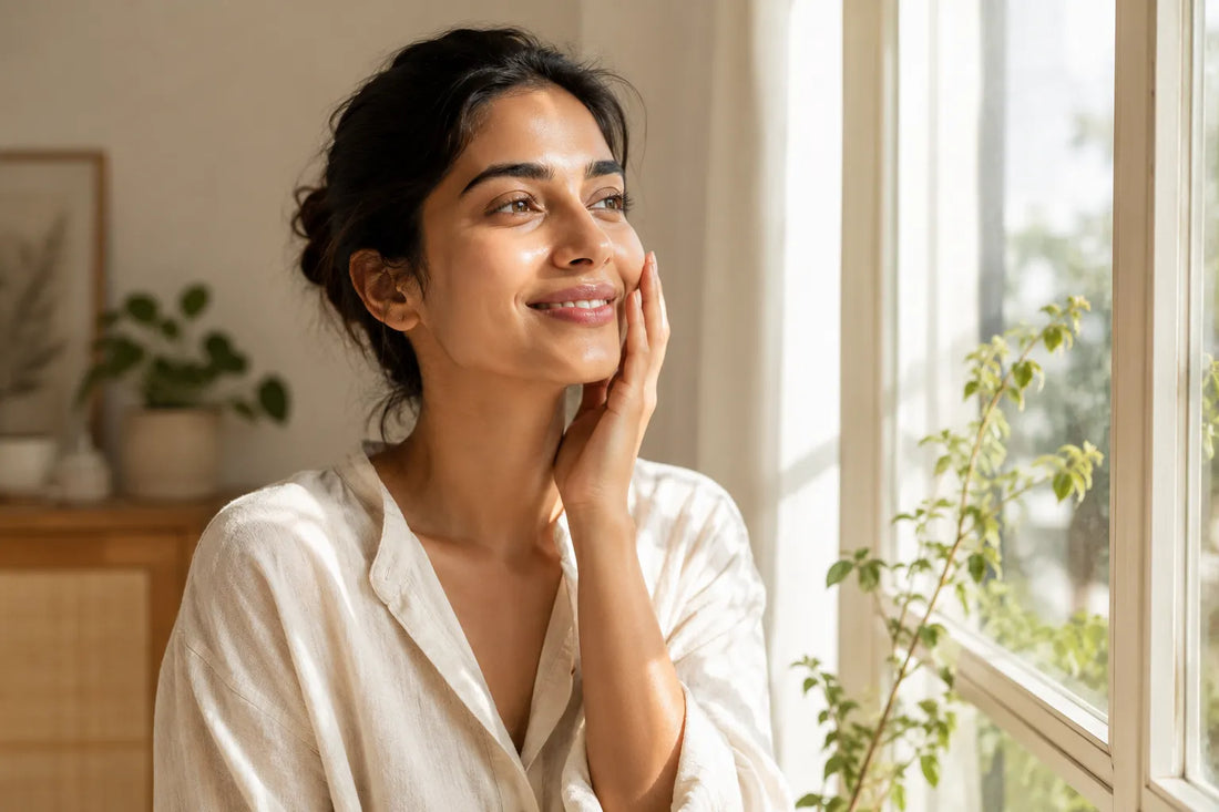 Woman with healthy-looking skin enjoying a simple daily skincare routine for dry skin.