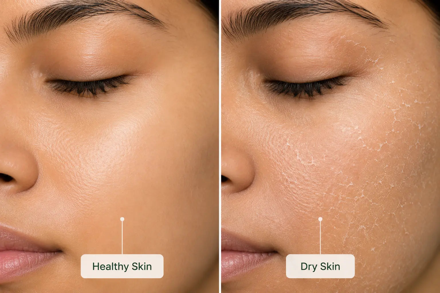 Close-up comparison showing the appearance of healthy skin and dry skin.