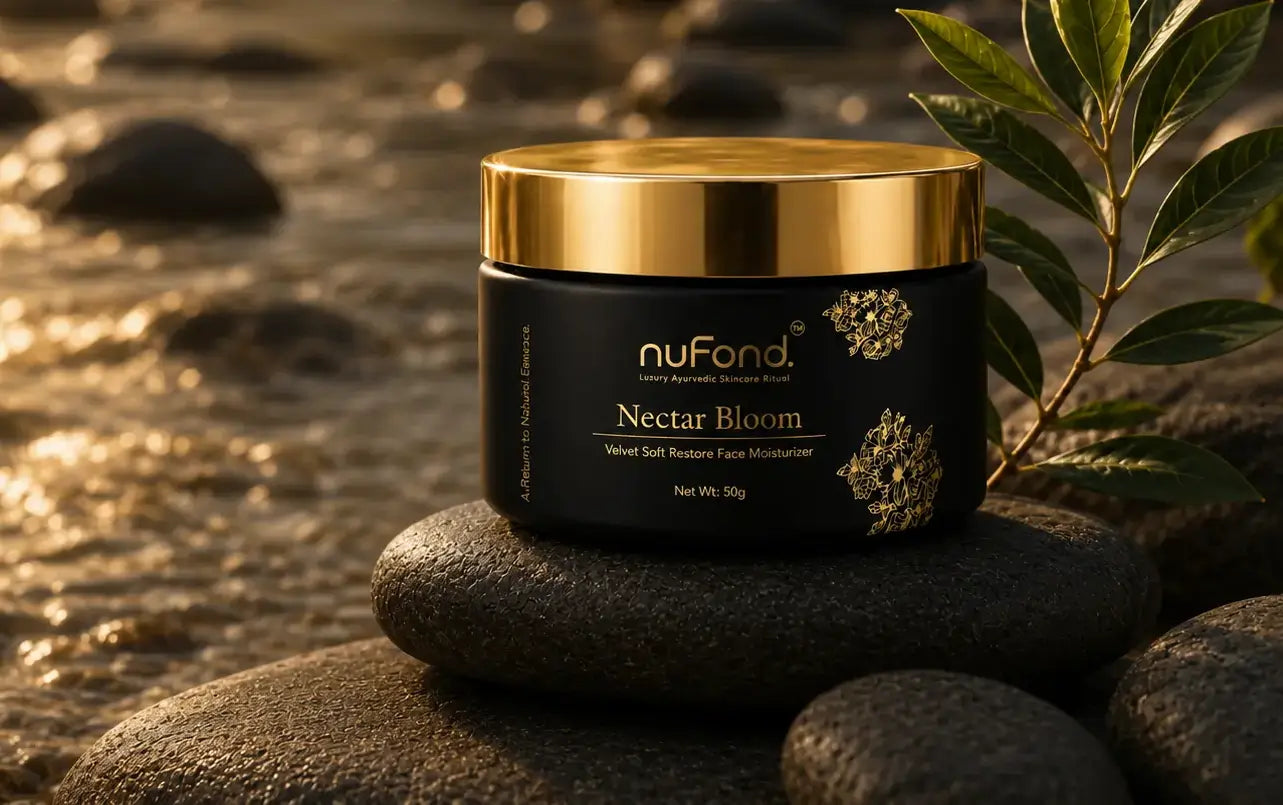 A black cosmetic jar with a shiny gold lid labeled 'nuFond. Nectar Bloom' sits on smooth dark stones outdoors near water, with a leafy branch behind it.